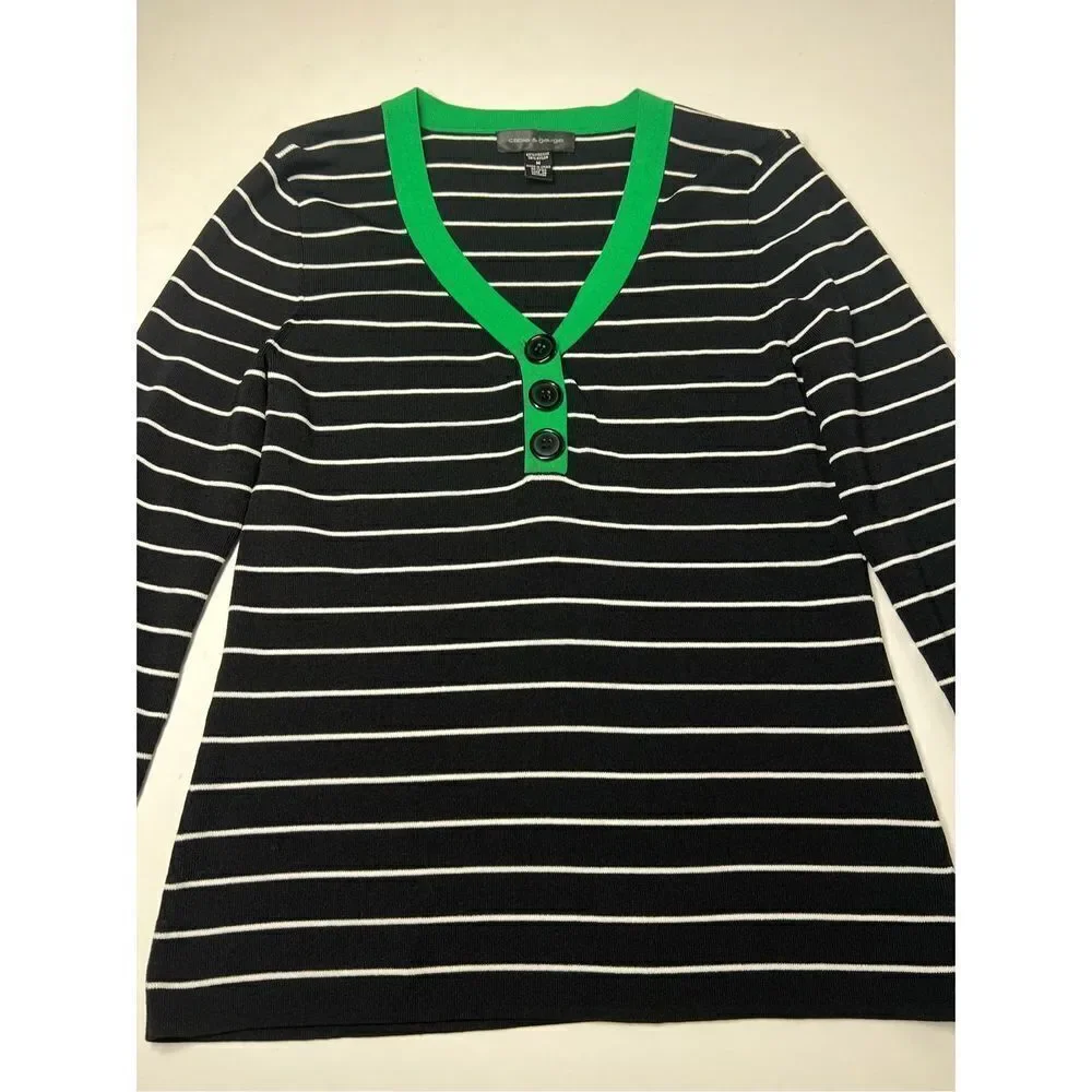 Cable & Gauge Women’s Size M Black White Green Striped V-Neck Sweater